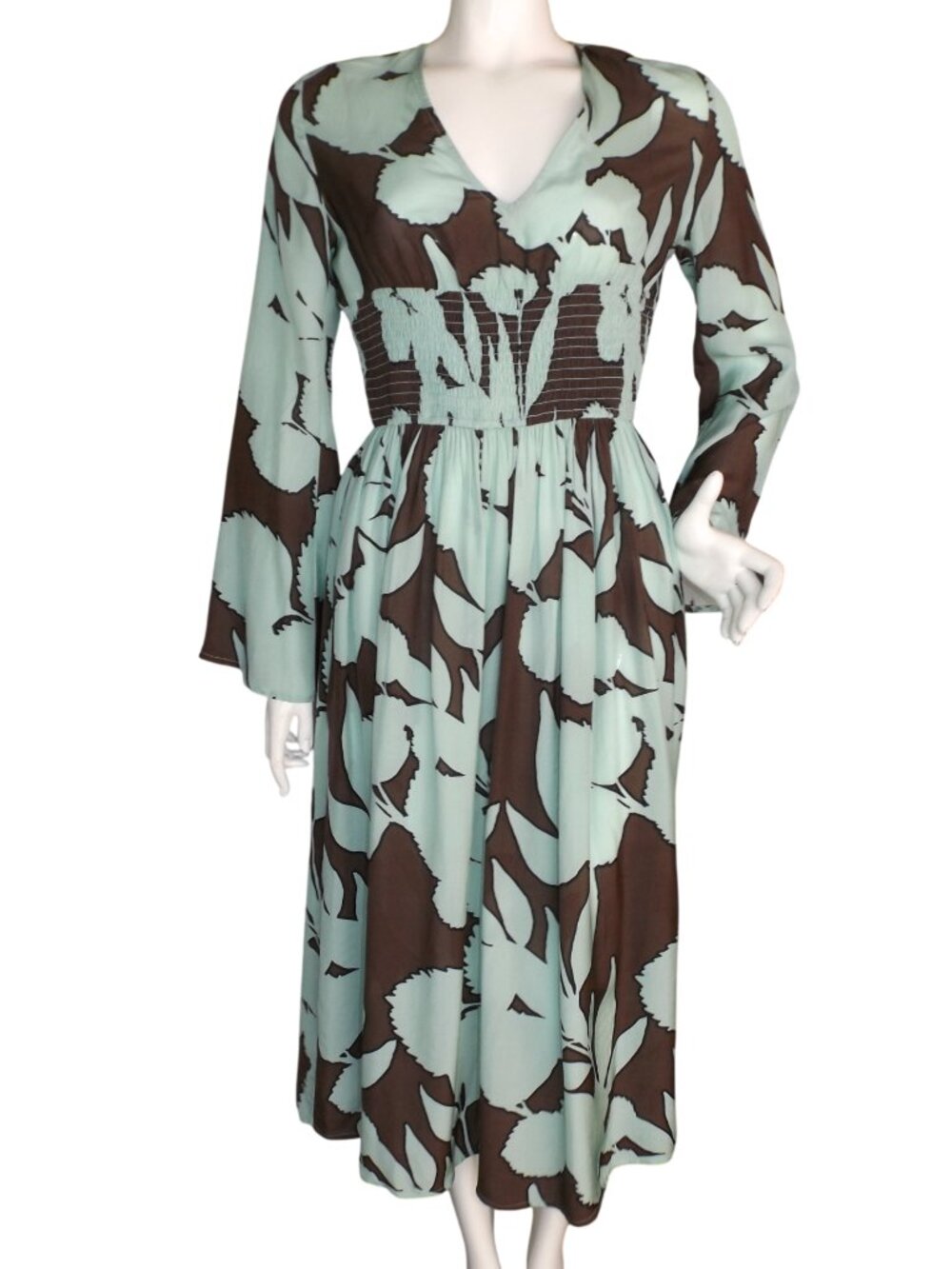 DHRUV KAPOOR Dress, S, Mint/brown, Long Bell sleeve, Midi/Maxi, Viscose, Smocked